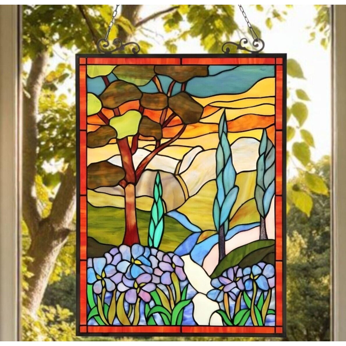 Tiffany Style Stained Glass Window Panel Suncatcher - Floral Countryside 18x24in