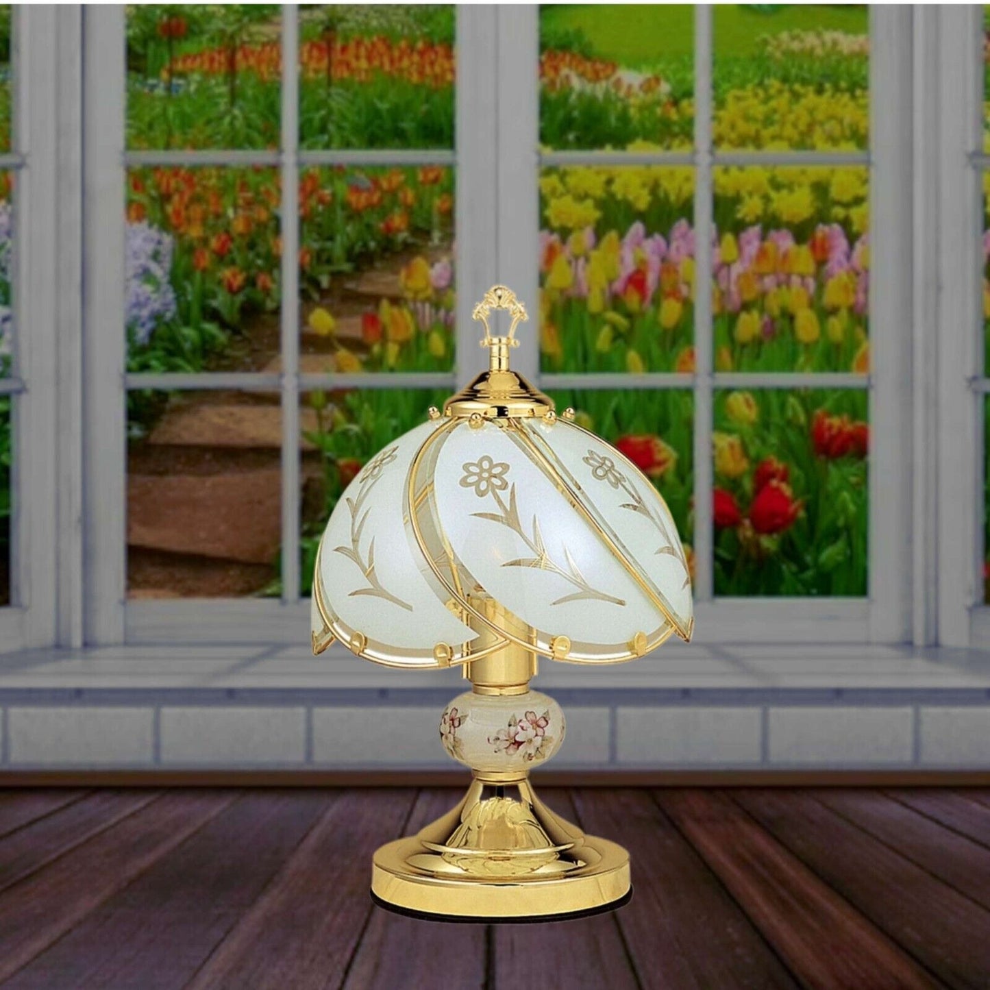 Elegant Floral 3-way Gold Finish Touch Lamp Vintage Style for Desk Bedside 14in