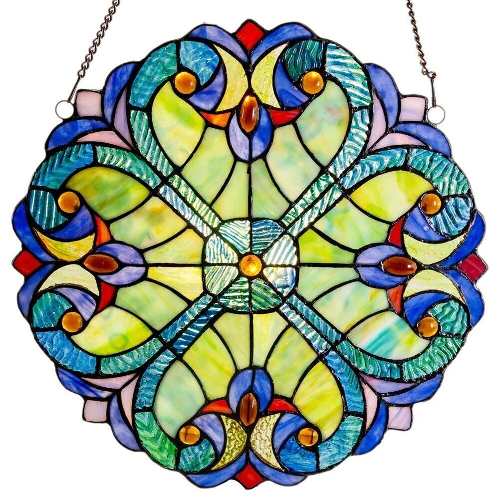 Tiffany Style Stained Glass Panel Suncatcher Blue and Green Floral Design 12in