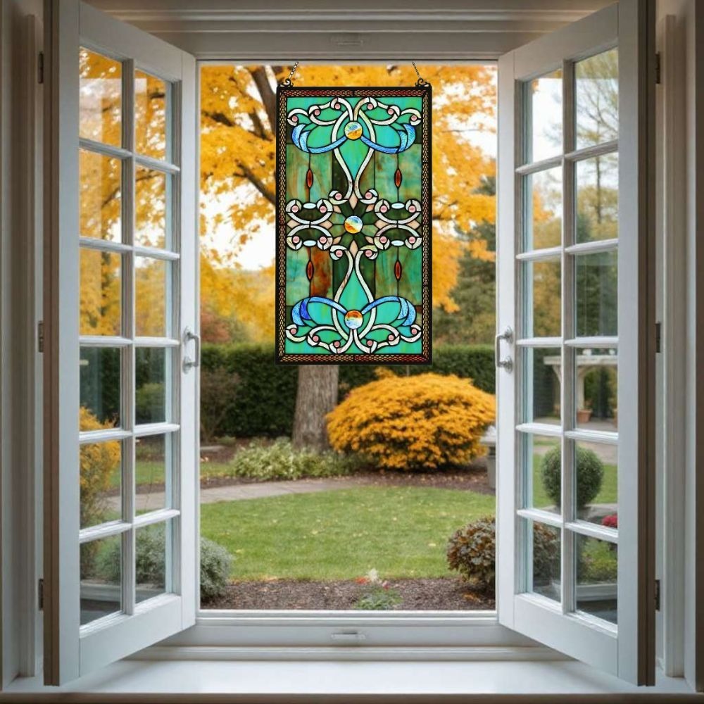 Green Tiffany Style Stained Glass Suncatcher Window Panel 15x26in