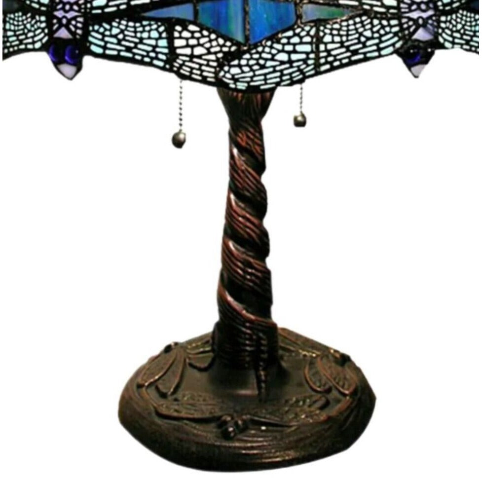 Tiffany Style Stained Glass Table Lamp with Dragonfly Design in Royal Blue 22in