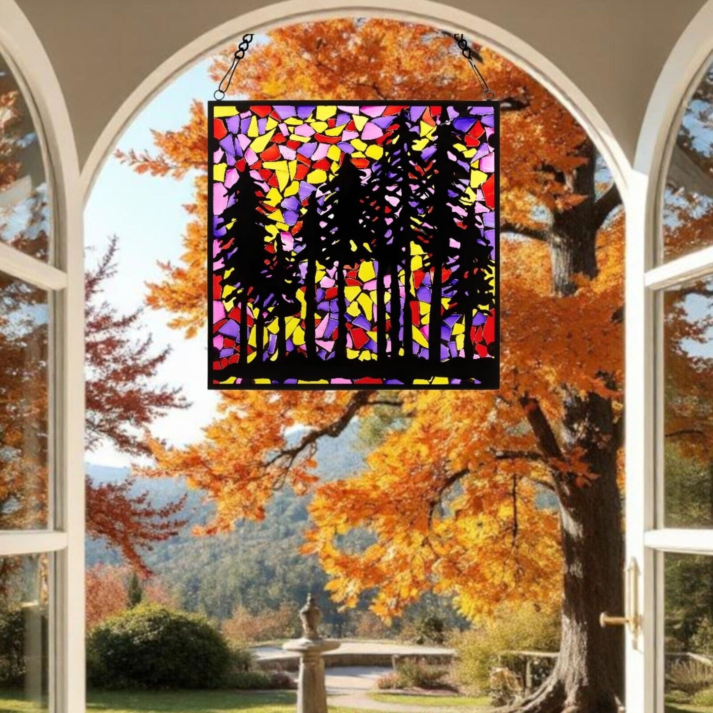 Tiffany Style Stained Glass Forest Mosaic Window Panel Metal Overlay 12x12in