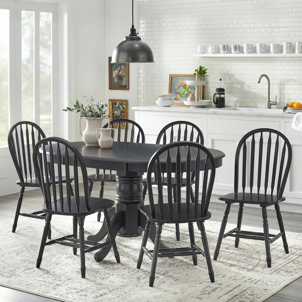 7-Pc Country Style Dining Set: Solid Wood w/ 22in Leaf - Matt Black Finish