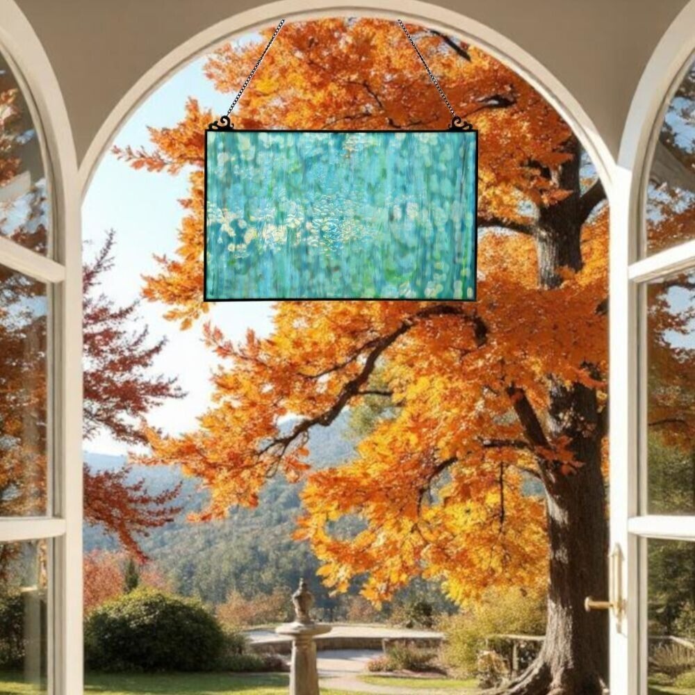Tiffany Style Stained Glass Window Panel - Turquose Blue Water 16x11in