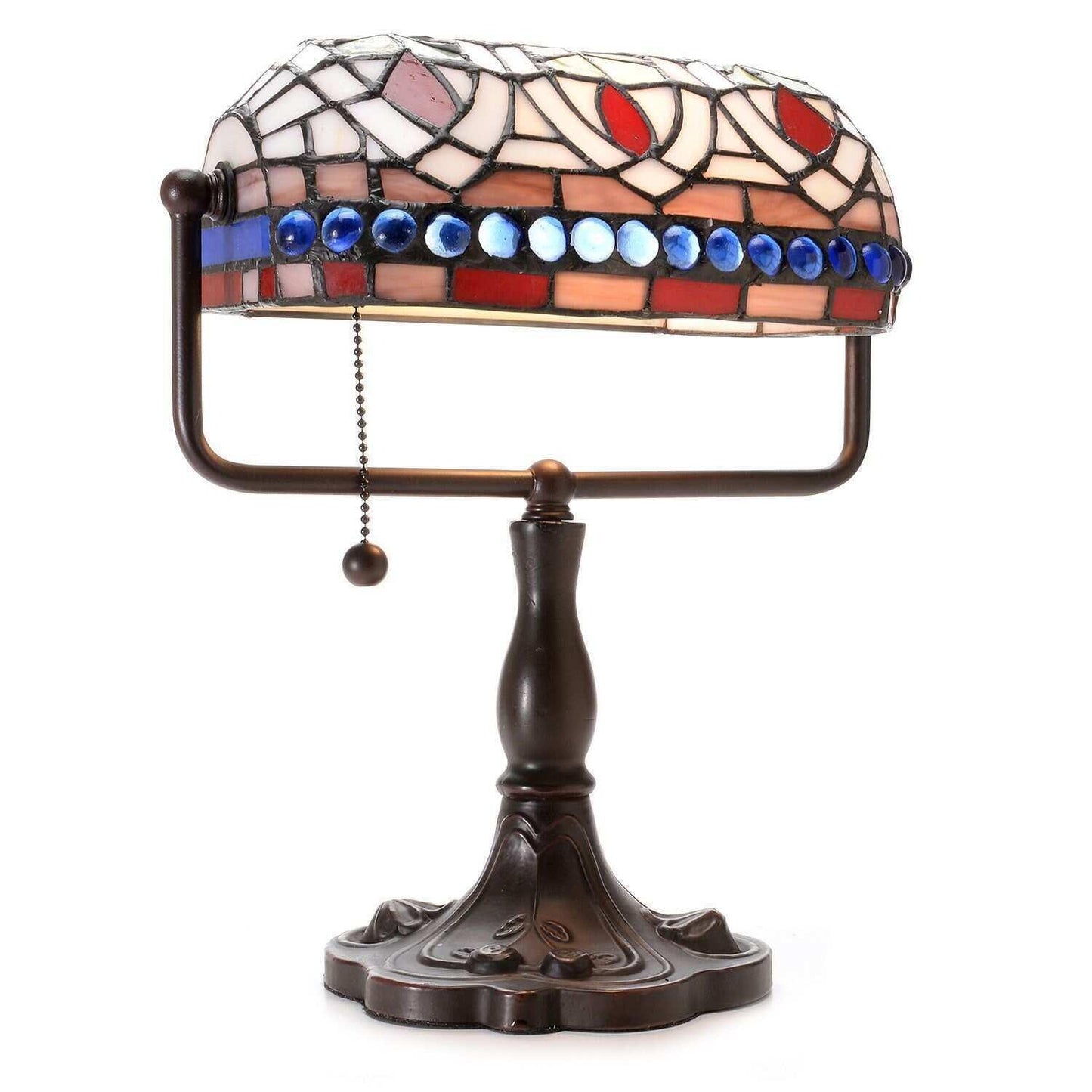 Vintage Jeweled Tiffany Style Stained Glass Bankers Desk Lamp Table Lamp