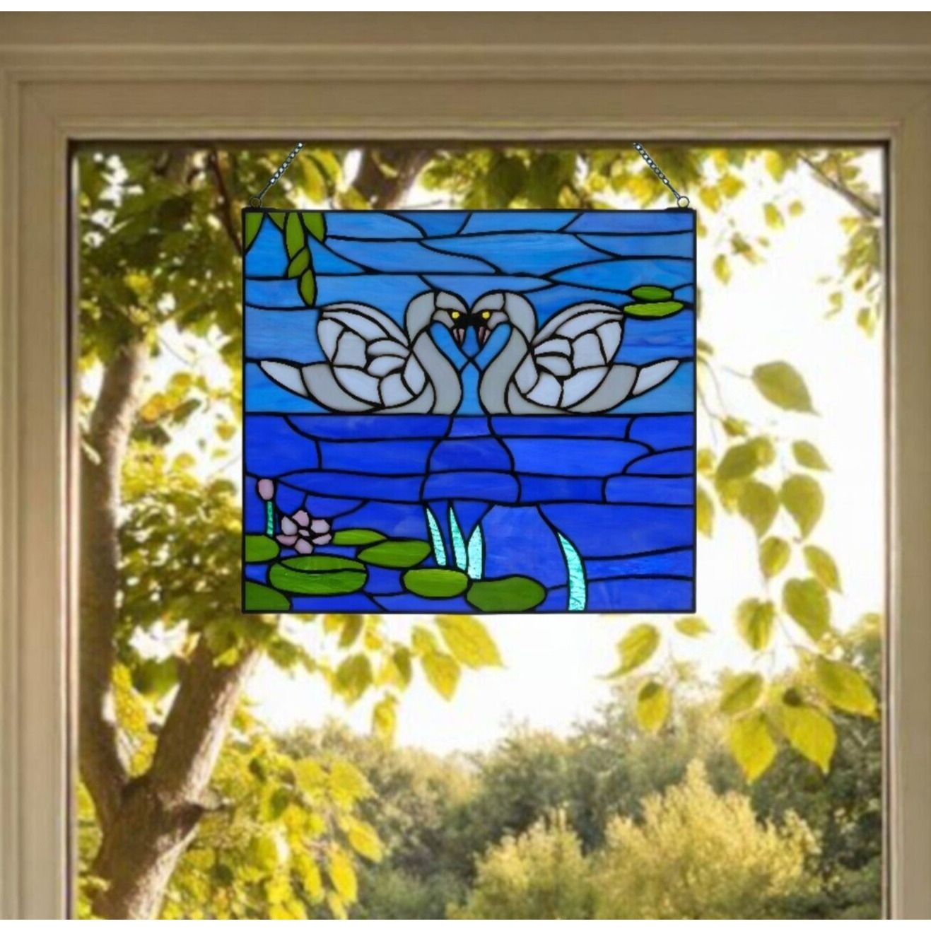 Tiffany Style Stained Glass Window Panel Suncatcher of Swans in Love 16x14in