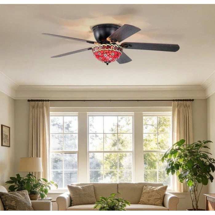 Ceiling Fan Tiffany Style Red Floral Stained Glass 52in Flushmount Black 5 Blade