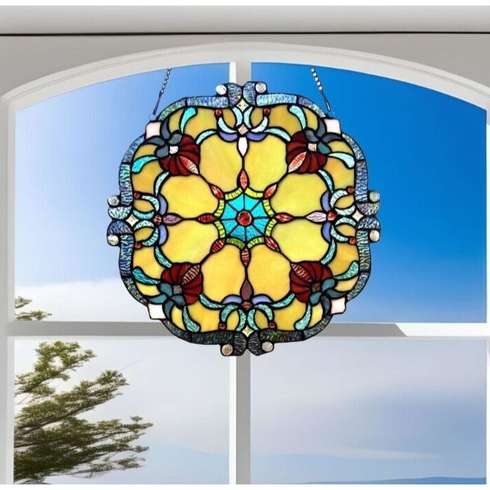 Stained Glass Window Panel Suncatcher Tiffany Style 18in Diameter Window Hanging