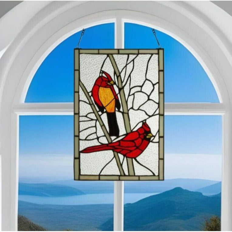 Red Cardinals Tiffany Style Stained Glass Window Panel Suncatcher 12x18in
