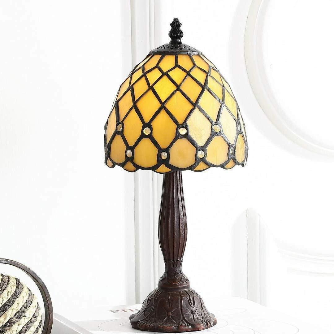 12in Bronze Finish Mini LED Yellow Tiffany Style Stained Glass Table Accent Lamp