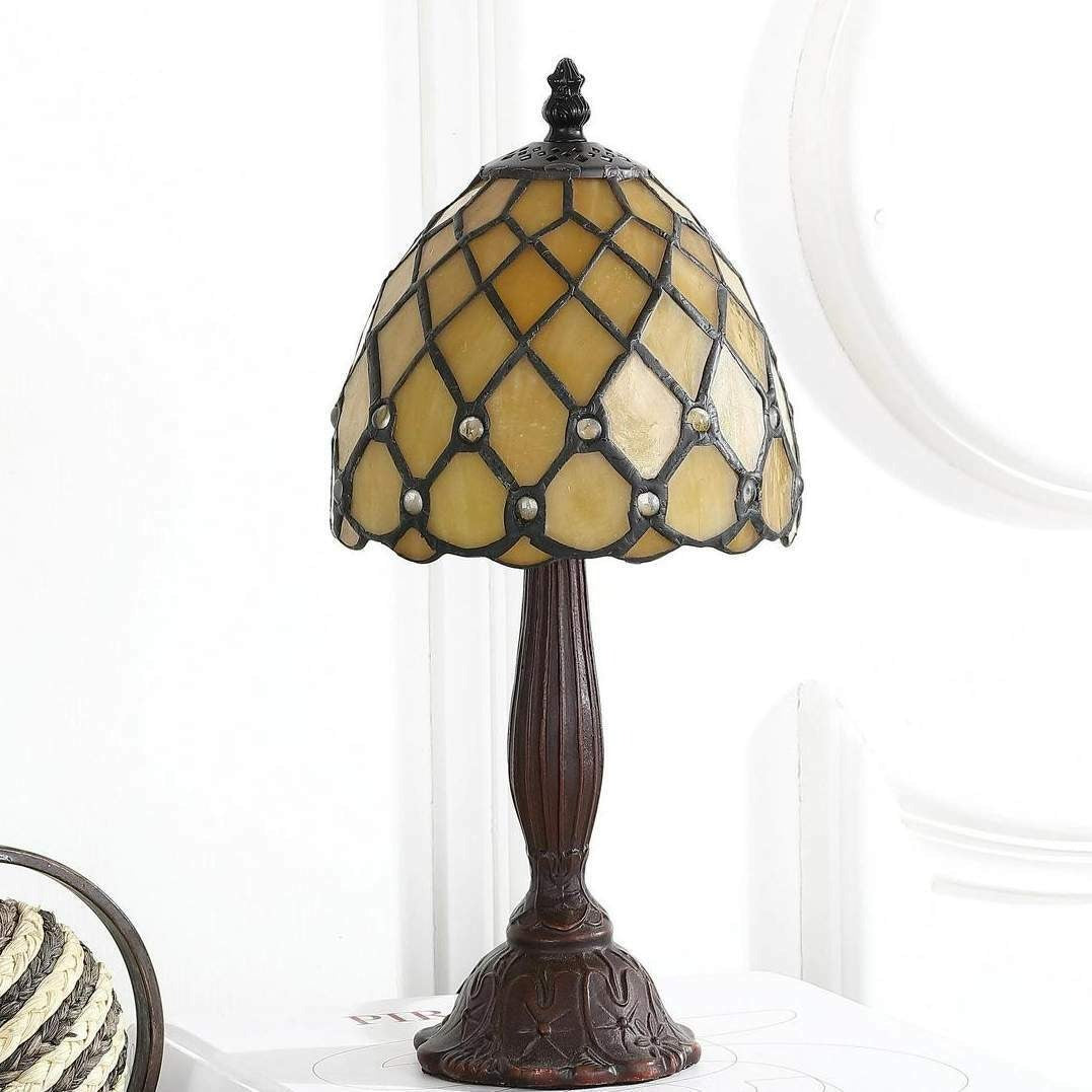 12in Bronze Finish Mini LED Yellow Tiffany Style Stained Glass Table Accent Lamp