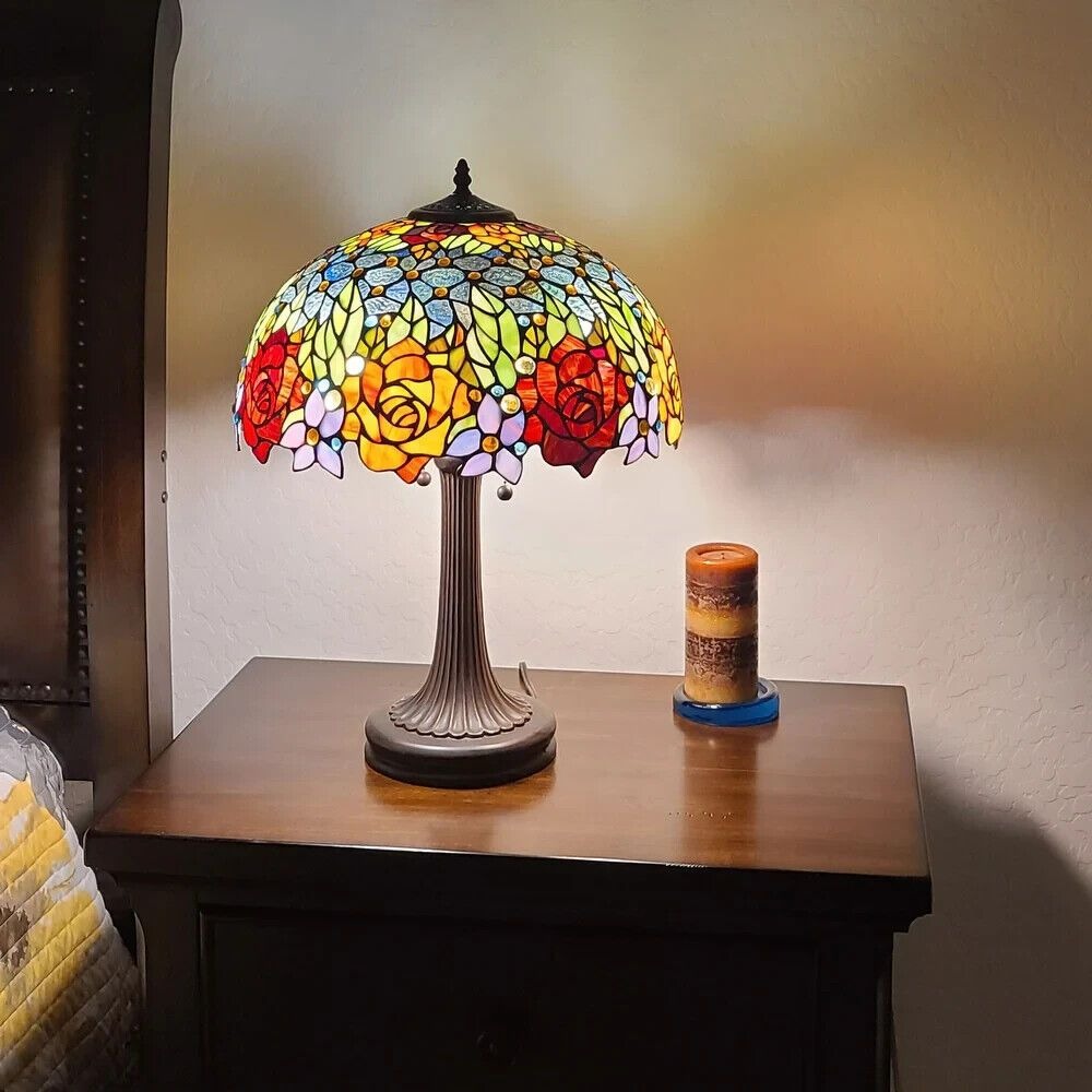 Floral Roses Handcrafted Tiffany Style Stained Glass Accent Table Lamp 23in