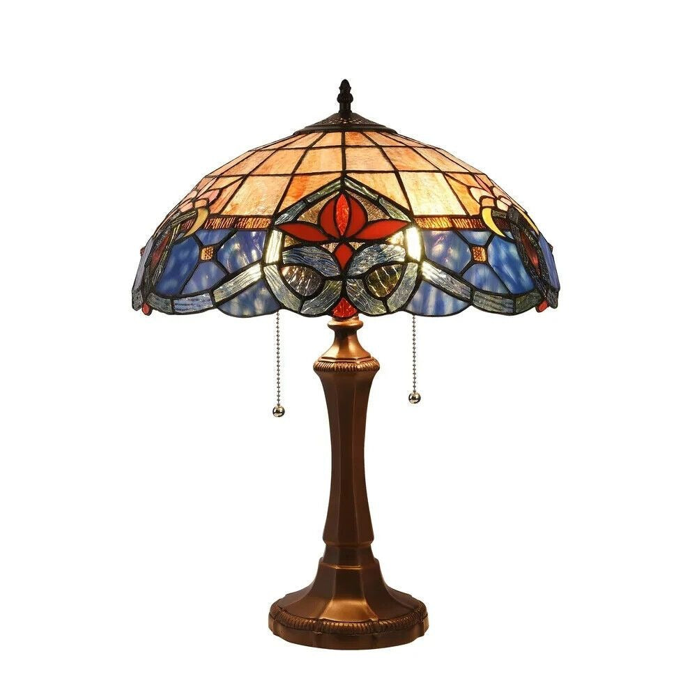 Two Light Tiffany Style Stained Glass Table Lamp with Red Blue and Amber 21in