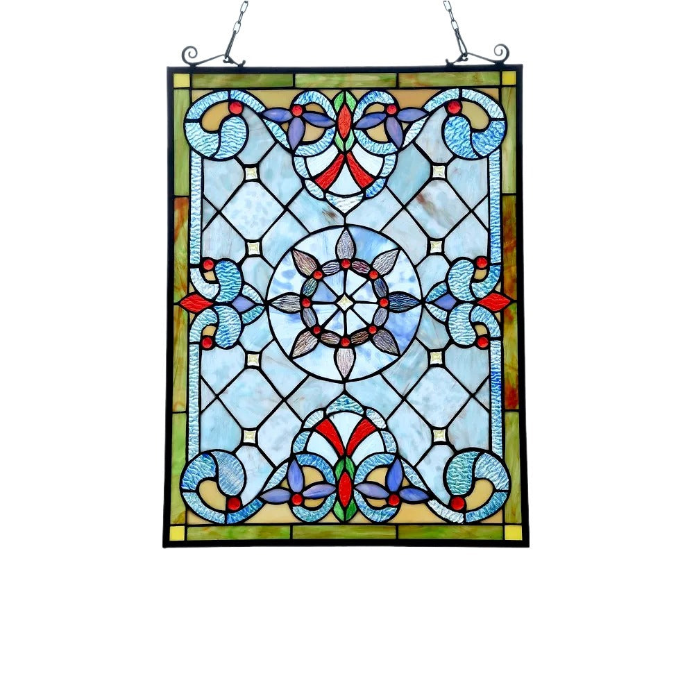 Stained Glass Window Panel Victorian Tiffany Style in Geometric Blues 18x24in