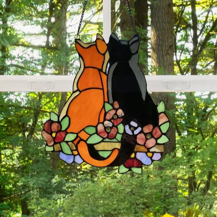 My 2 Kitties Kitty Cat - Hanging Stained Glass Window Panel Suncatcher 11x12in