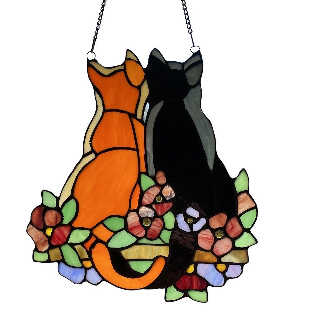 My 2 Kitties Kitty Cat - Hanging Stained Glass Window Panel Suncatcher 11x12in