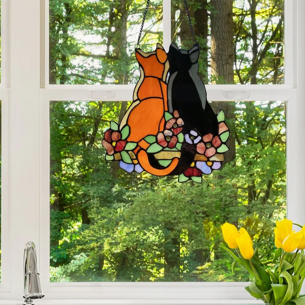 My 2 Kitties Kitty Cat - Hanging Stained Glass Window Panel Suncatcher 11x12in