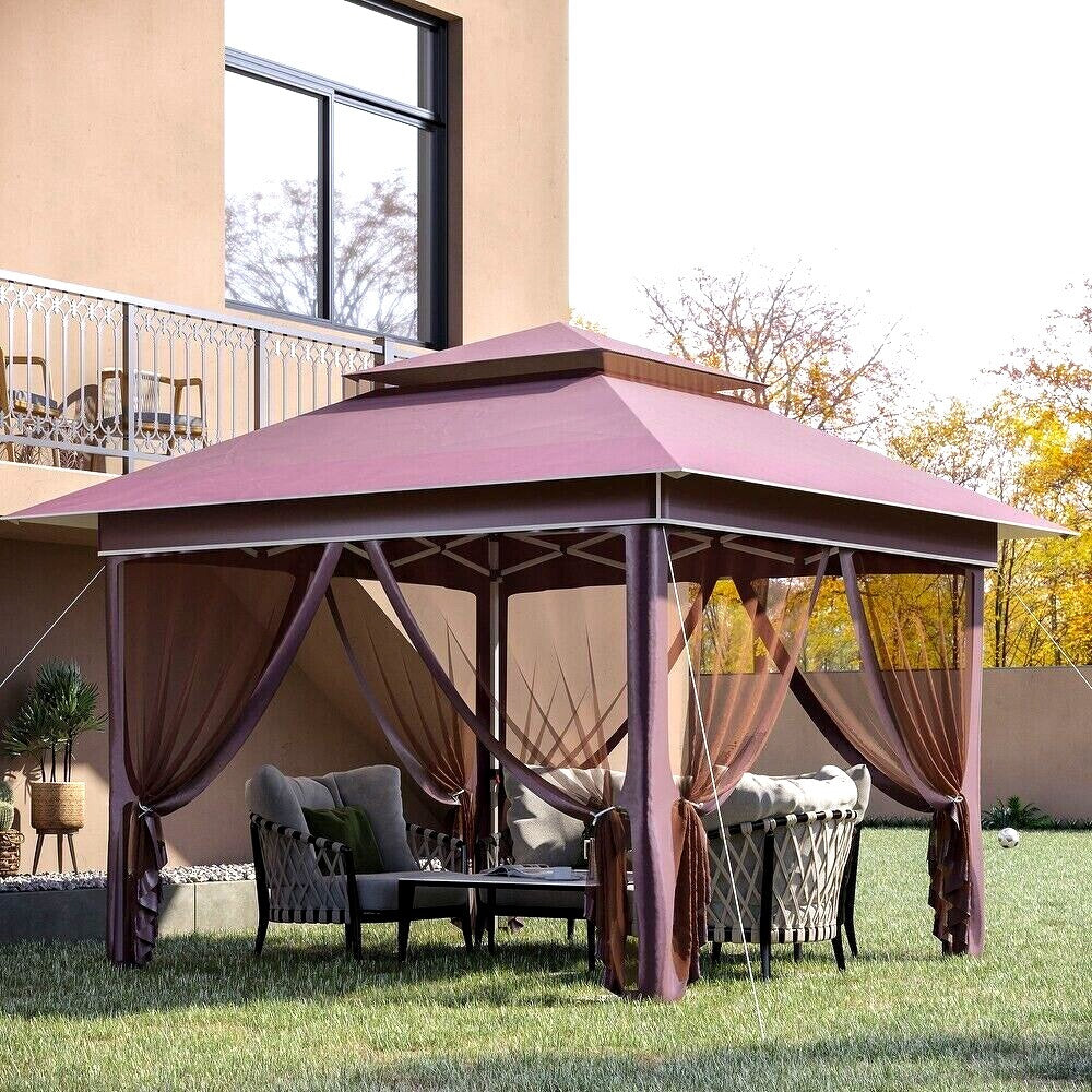 12x12ft Pop-Up Adjustable Canopy Gazebo with Netting, Vented Top Carry Bag Brown