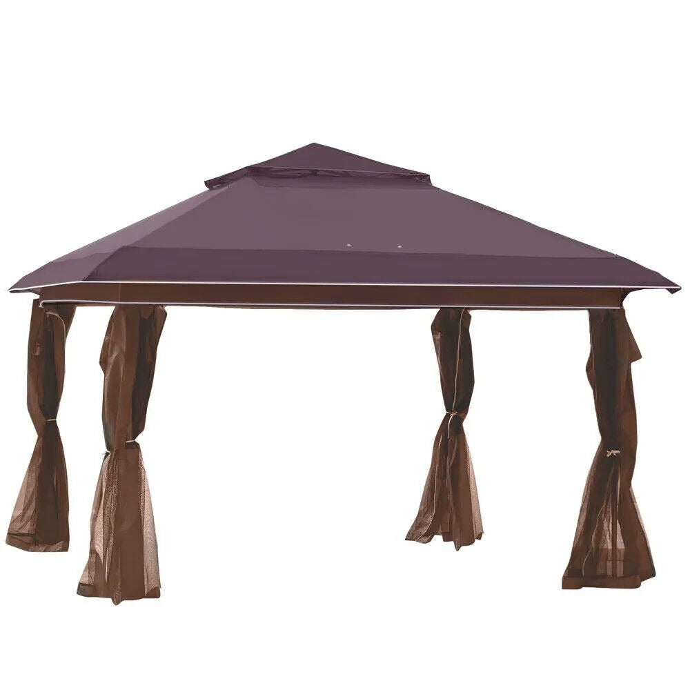 12x12ft Pop-Up Adjustable Canopy Gazebo with Netting, Vented Top Carry Bag Brown
