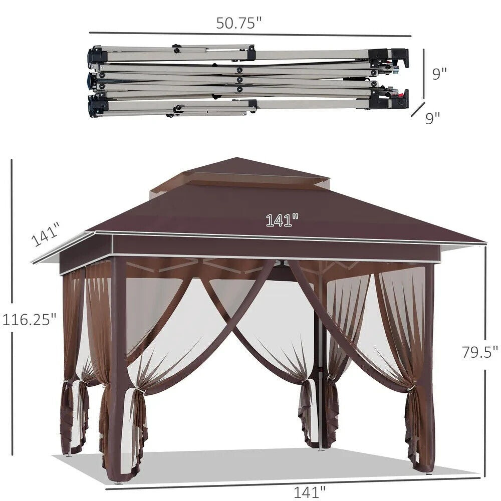 12x12ft Pop-Up Adjustable Canopy Gazebo with Netting, Vented Top Carry Bag Brown