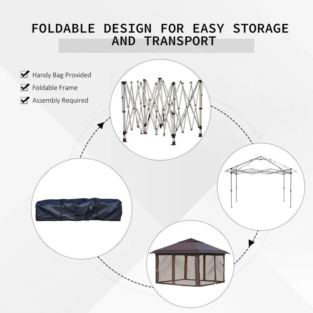 12x12ft Pop-Up Adjustable Canopy Gazebo with Netting, Vented Top Carry Bag Brown