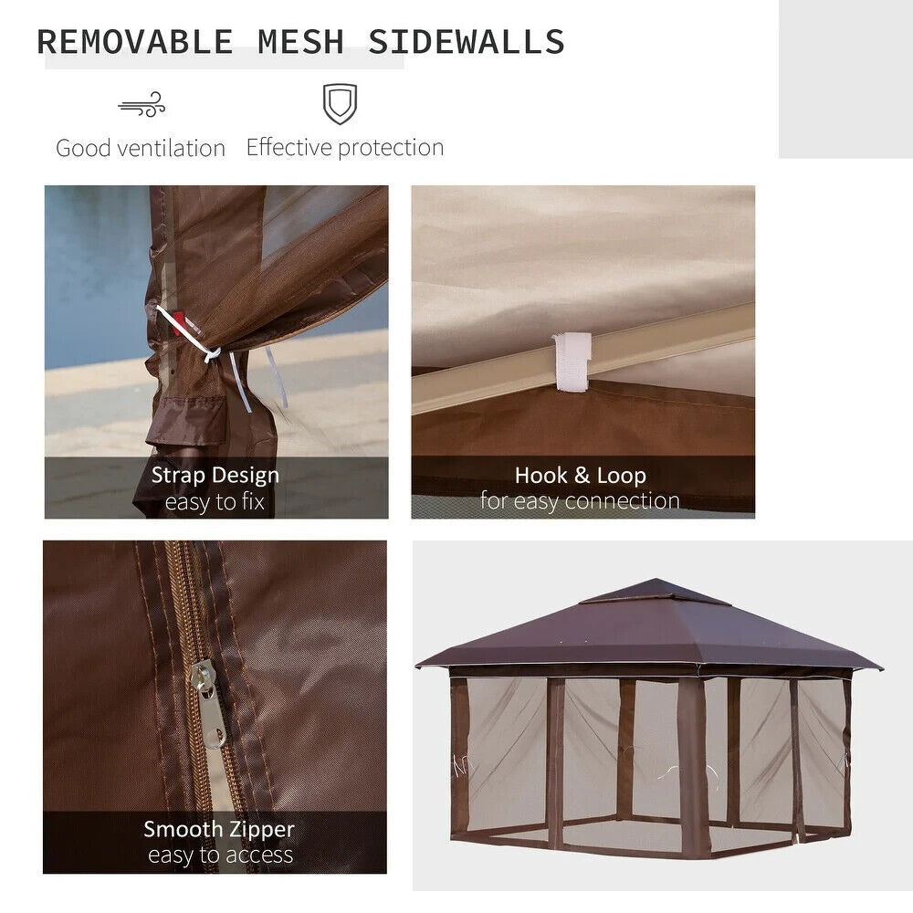 12x12ft Pop-Up Adjustable Canopy Gazebo with Netting, Vented Top Carry Bag Brown