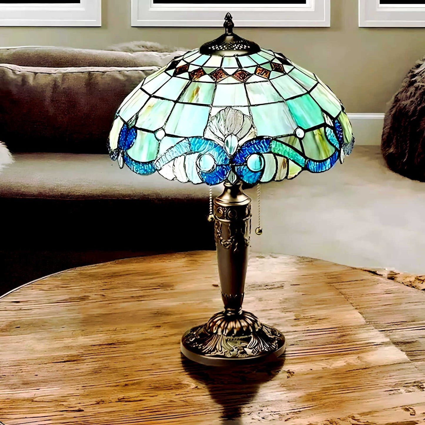 Stained Glass Tiffany Style Vintage Accent Victorian Theme Table Lamp in Blue