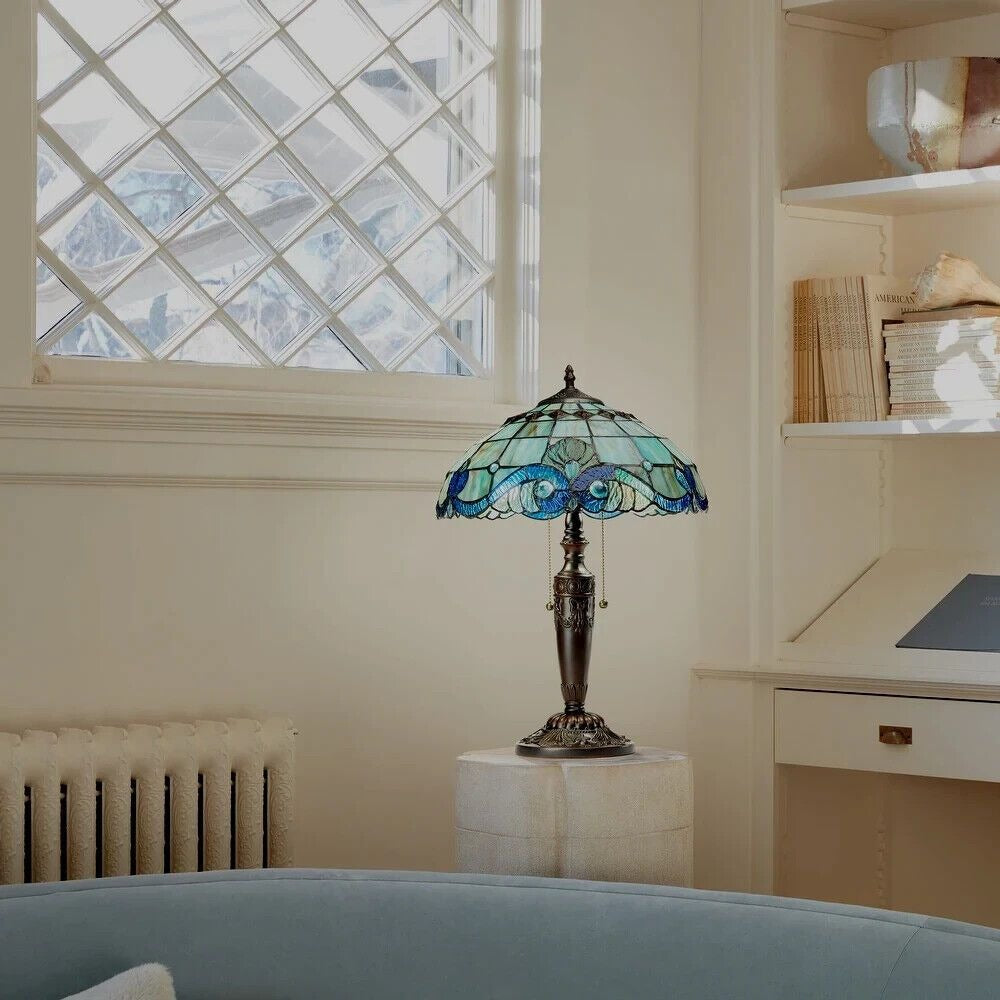 Stained Glass Tiffany Style Vintage Accent Victorian Theme Table Lamp in Blue