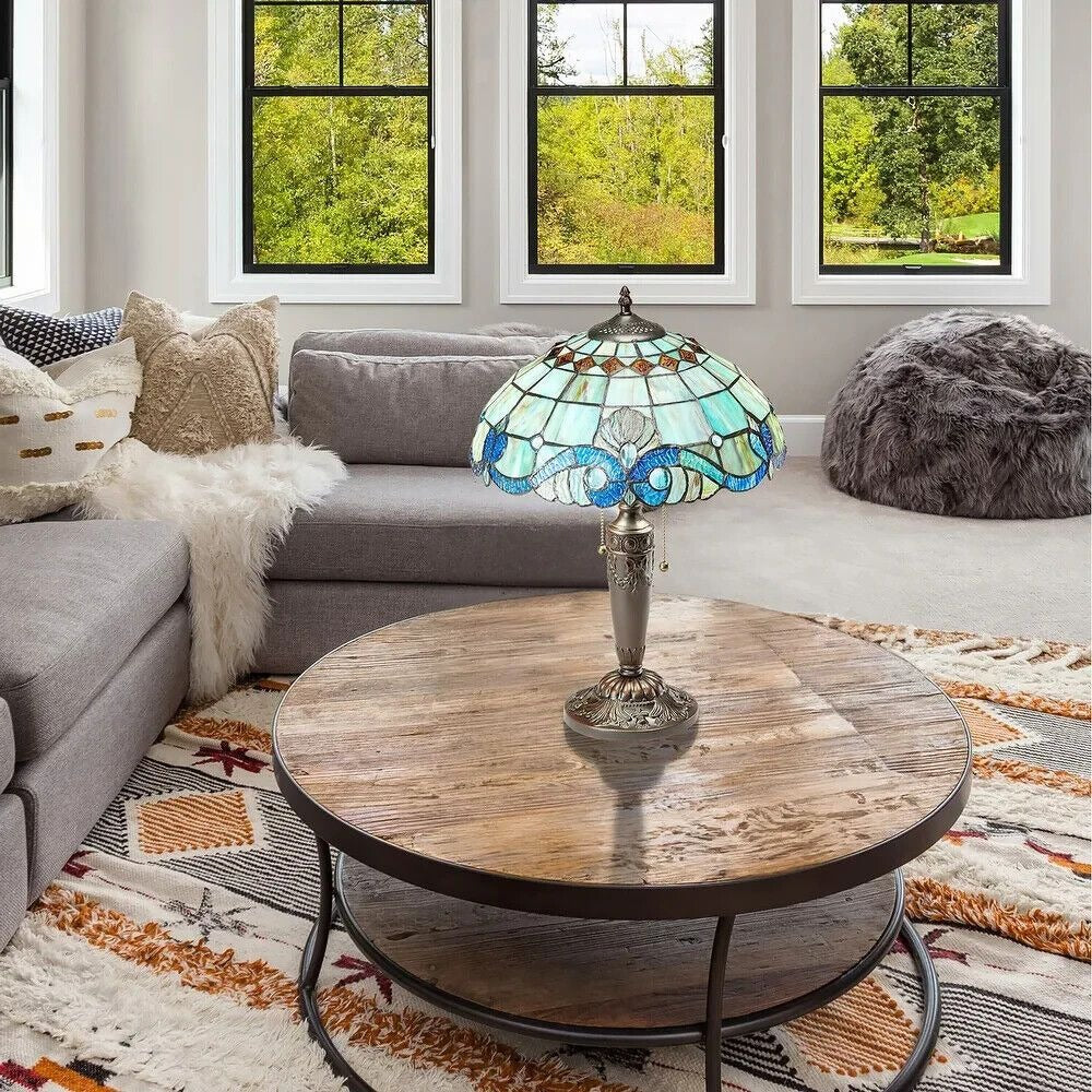 Stained Glass Tiffany Style Vintage Accent Victorian Theme Table Lamp in Blue