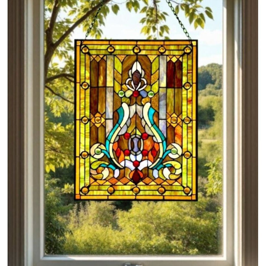 Tiffany Style Fleur de Lis Stained Glass Panel Handcrafted 289 Pieces - 25x19in