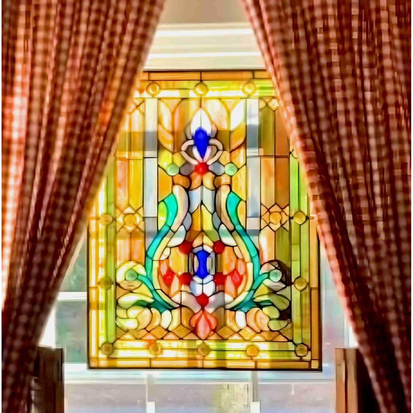 Tiffany Style Fleur de Lis Stained Glass Panel Handcrafted 289 Pieces - 25x19in