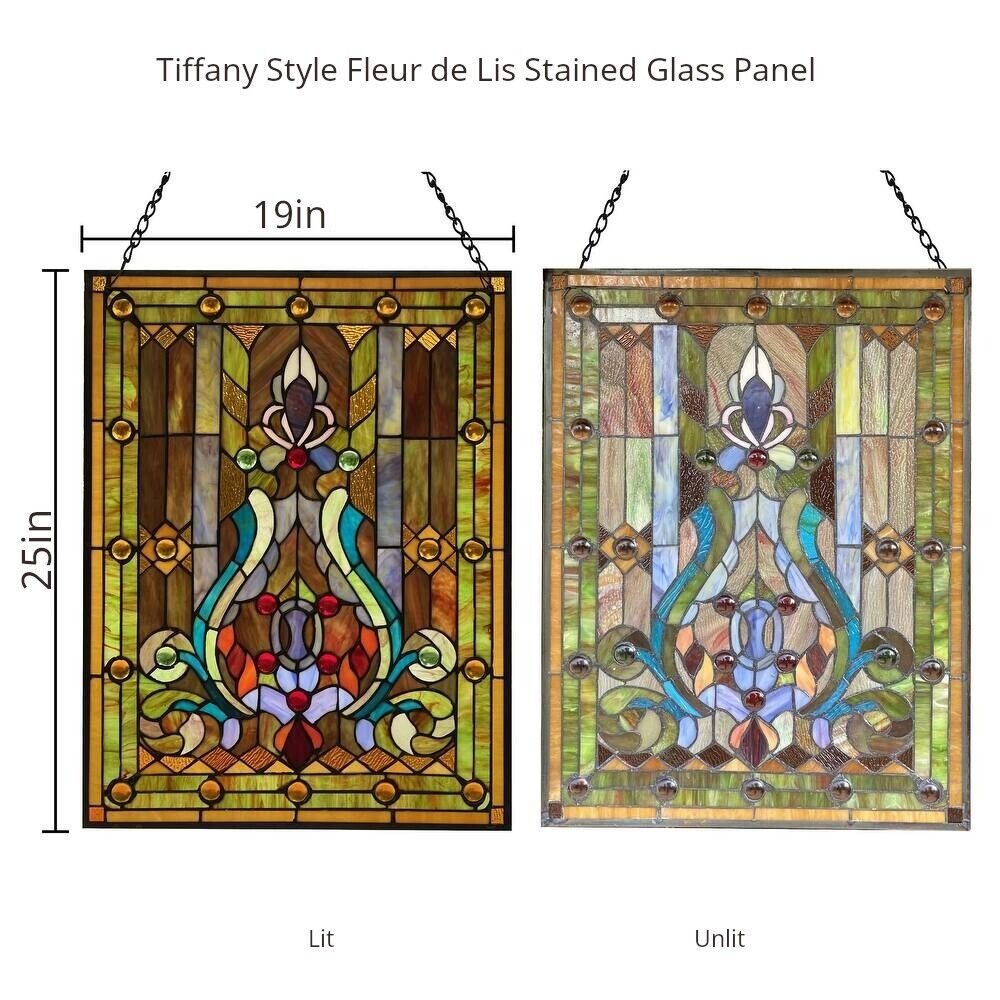 Tiffany Style Fleur de Lis Stained Glass Panel Handcrafted 289 Pieces - 25x19in