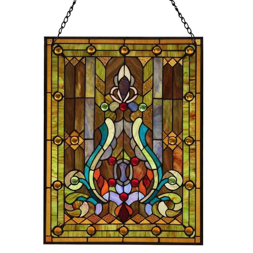Tiffany Style Fleur de Lis Stained Glass Panel Handcrafted 289 Pieces - 25x19in