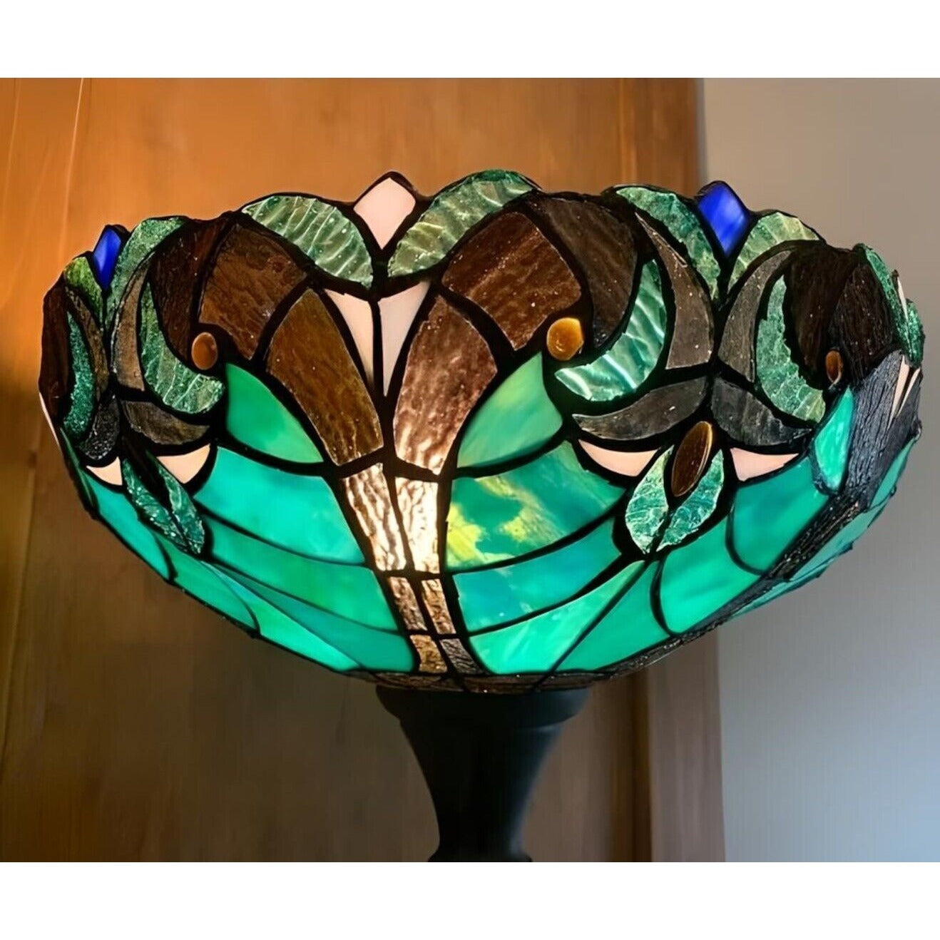 Tiffany Style Victorian Stained Glass Floor Torchiere Lamp - Green, Hand-Crafted