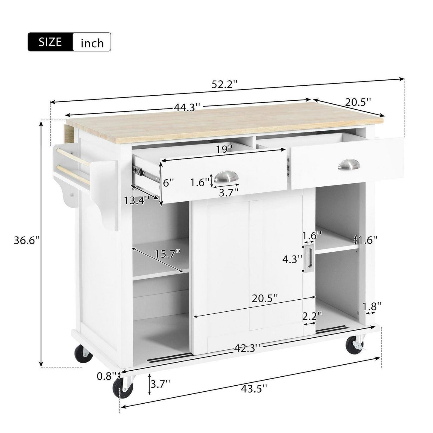 Stylish Drop Leaf Rolling Kitchen Island with Storage - in White Finish