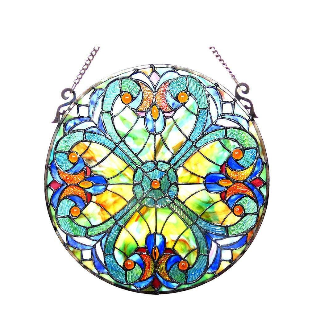 12-In Blue and Green Floral Tiffany Style Stained Glass Window Panel Suncatcher