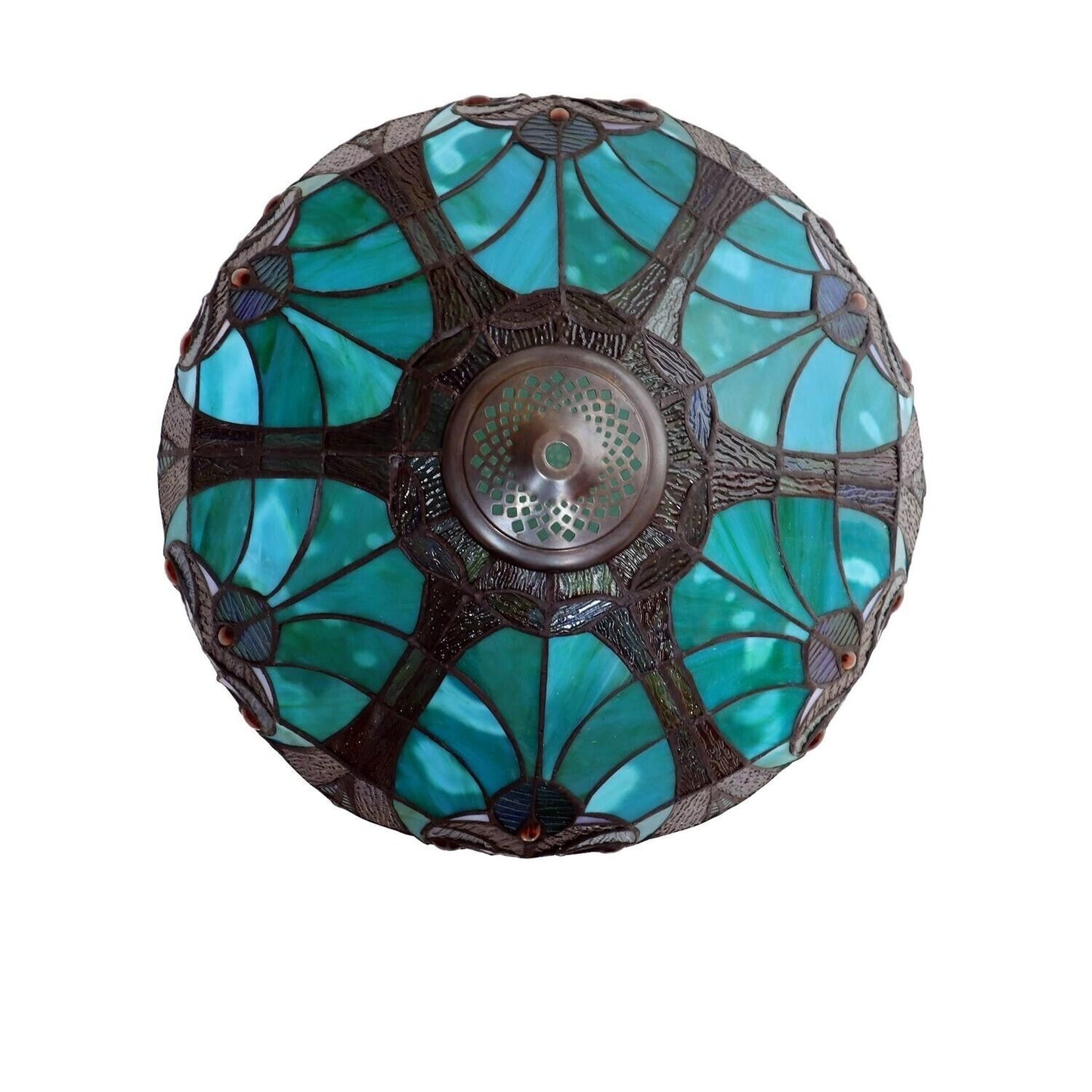 Aqua Blue Green Tiffany Inspired Victorian Stained Glass Table Lamp w/ Lit Base