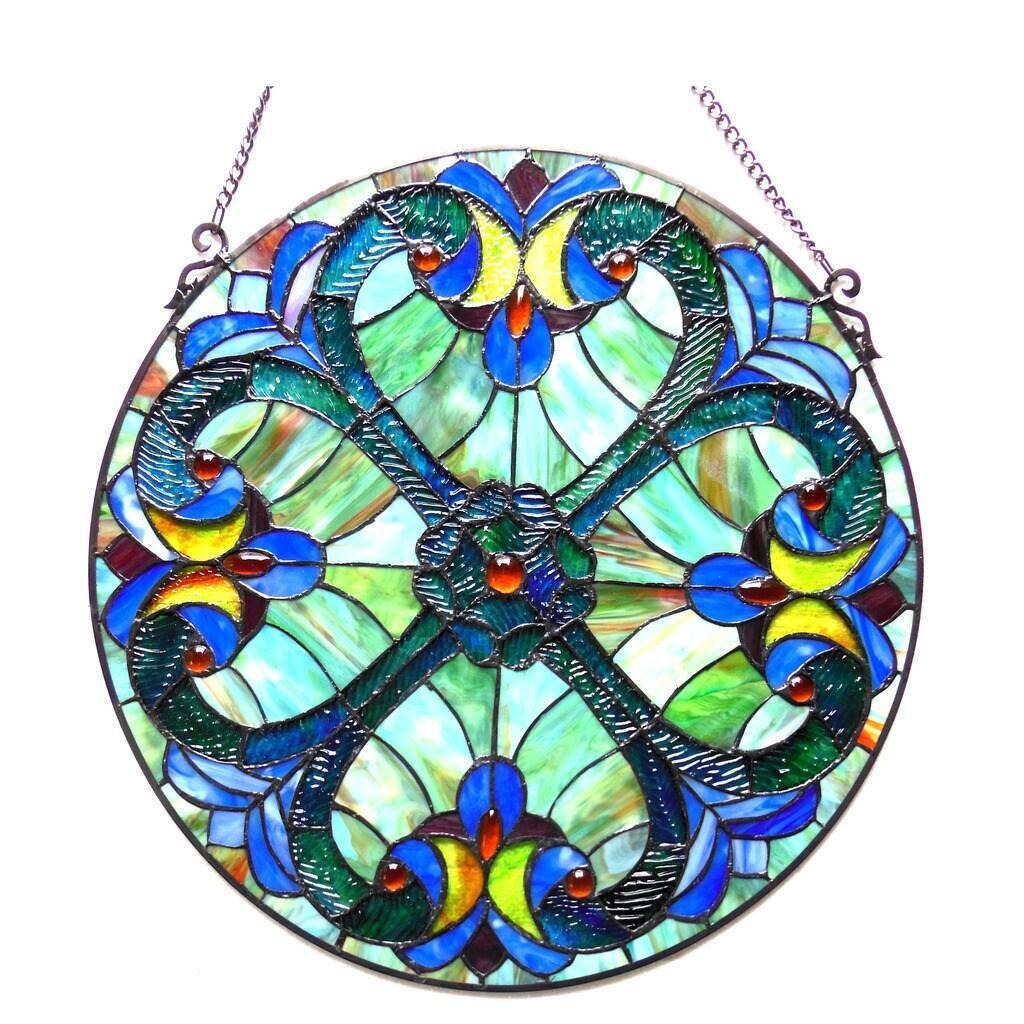 20-In Blue and Green Floral Tiffany Style Stained Glass Window Panel Suncatcher