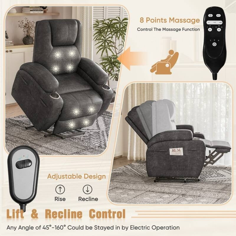 Power Lift Recliner Chair for Elderly with Heat / Massage and Cup Holder - Black