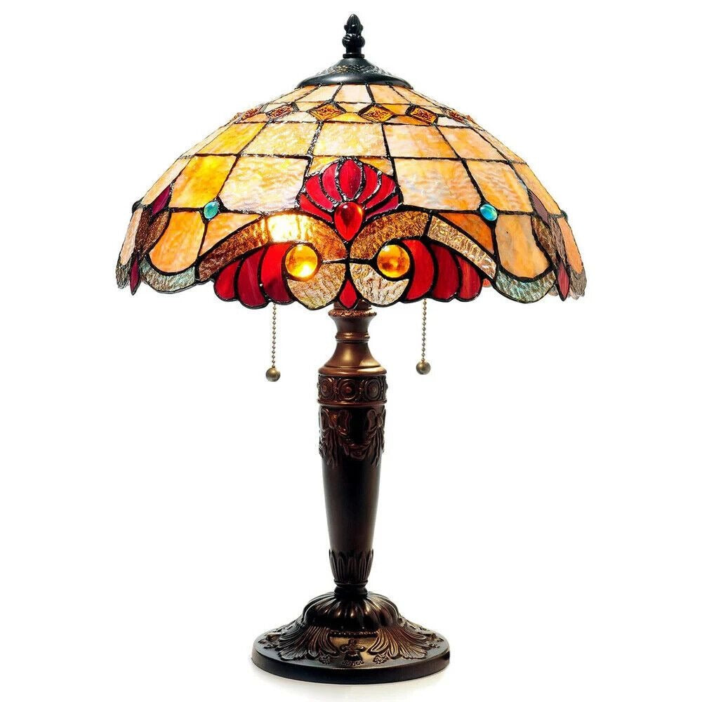 Stained Glass Tiffany Style Vintage Accent Victorian Theme Table Lamp in Red
