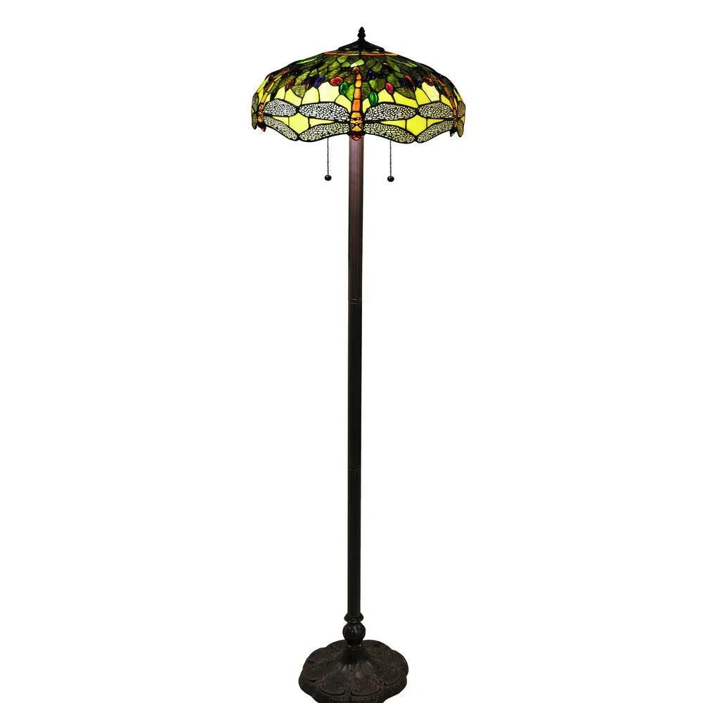 Green and Yellow Stained Glass Tiffany Style Dragonfly Theme Floor Lamp 61inT