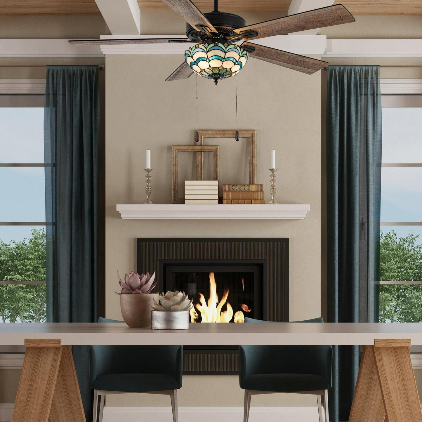 Ceiling Fan Multicolored Oil-Rubbed Bronze and Stained Glass 3-Light 52-Inch