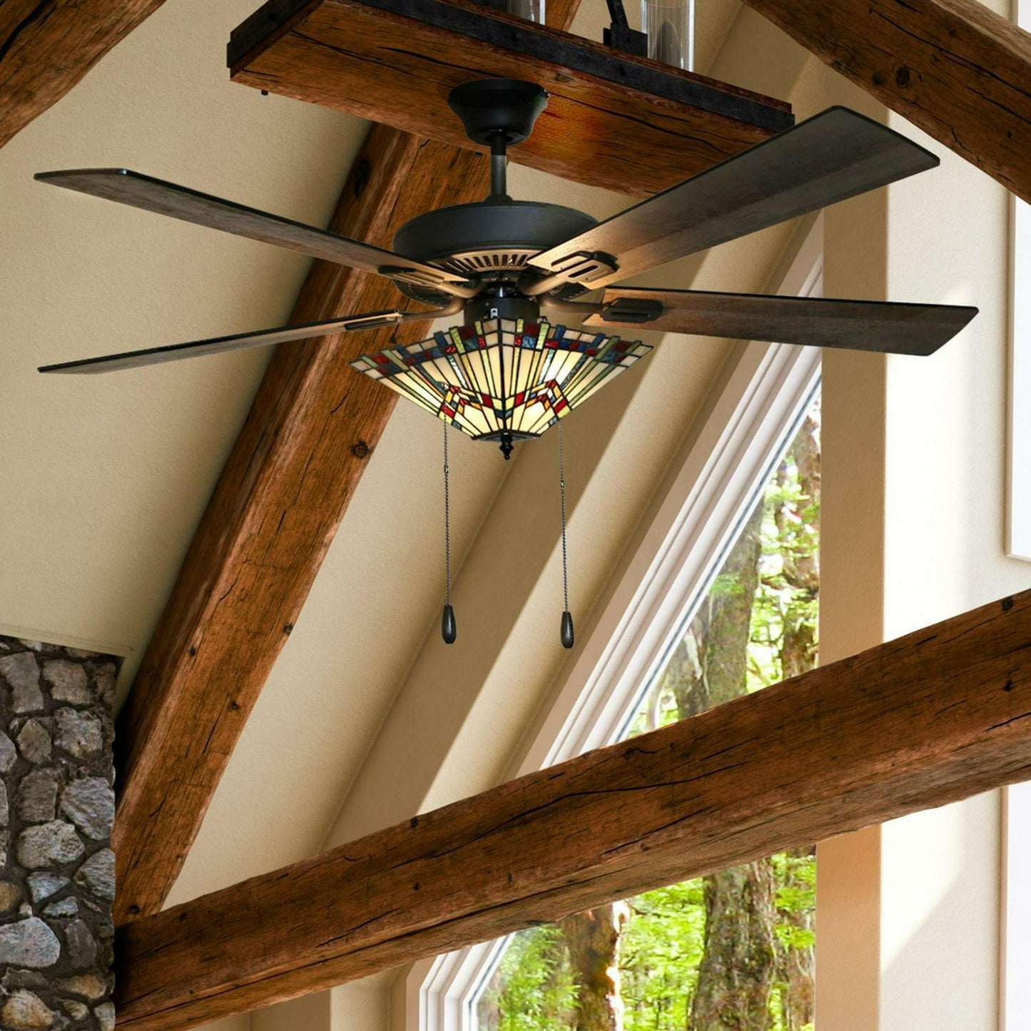 Bronze Finish Stained Glass 5-blade 52-inch Ceiling Fan With Light Mission Style