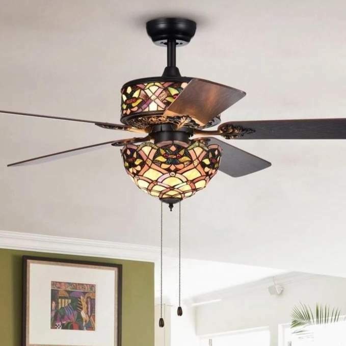 Lotus Lily Flower Tiffany Style 5-Blade 52-Inch Stained Glass Ceiling Fan