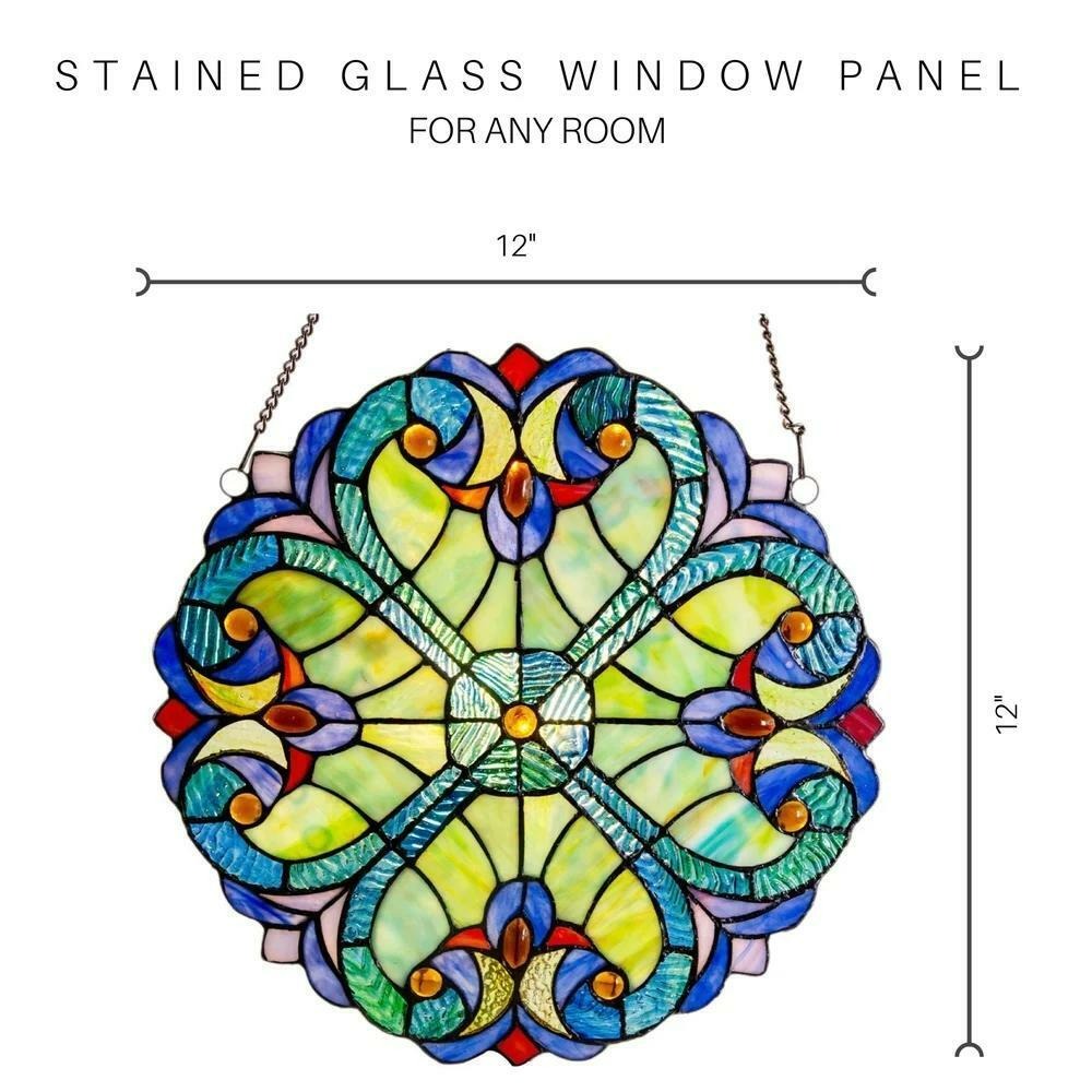 12-In Blue and Green Floral Tiffany Style Stained Glass Window Panel Suncatcher