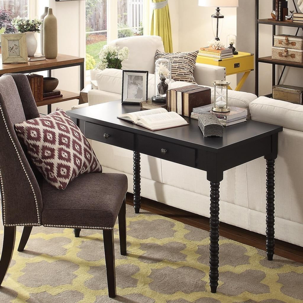 Black Finish Minimalistic Office Desk Table 2 Drawer with Helix Legs