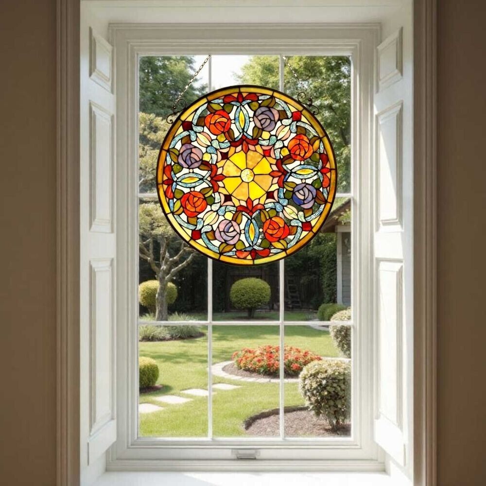 Tiffany Style Stained Glass Radiant Medallion Window Panel Suncatcher 24in