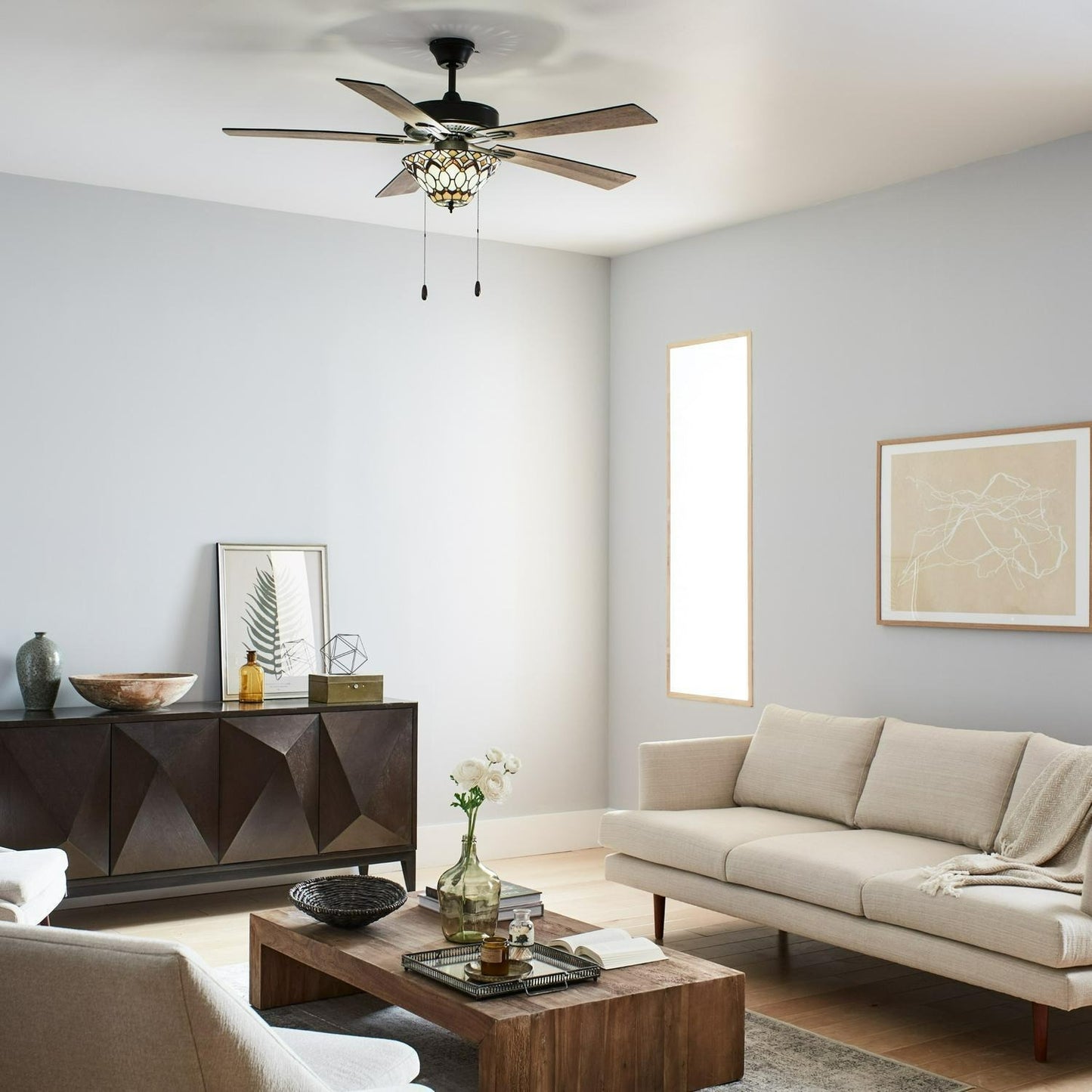 Amber and Ivory Tiffany Style Stained Glass Ceiling Fan 52-inch