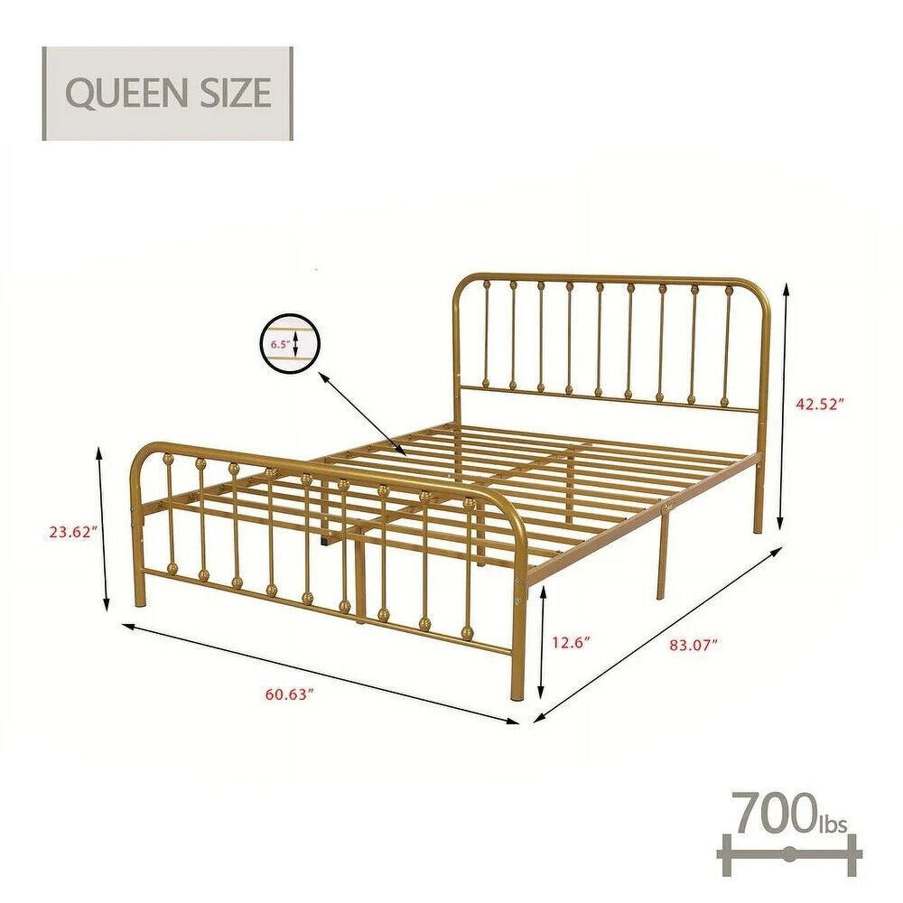 Full Size Bed Frame Metal Platform Bed Frame with Headboard & Footboard Gold