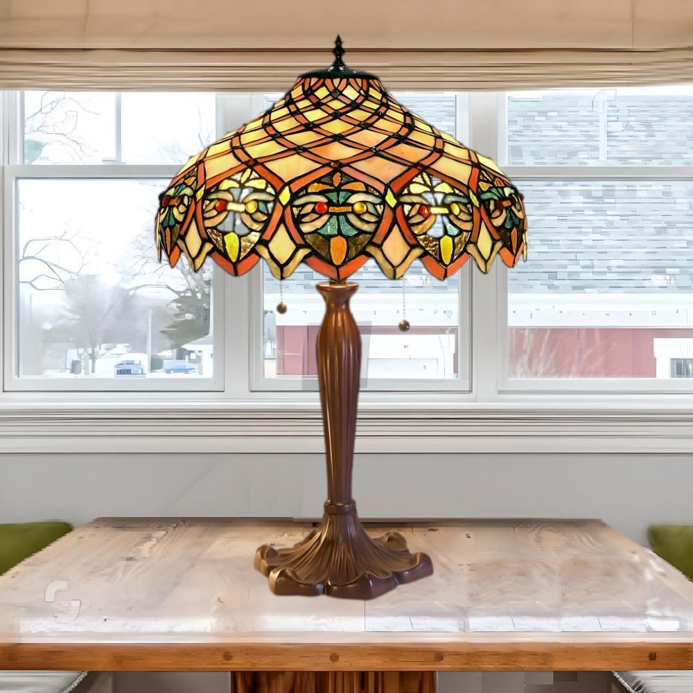 Baroque Handcrafted Stained Glass Tiffany Style Table Lamp Candlestick Base 25in
